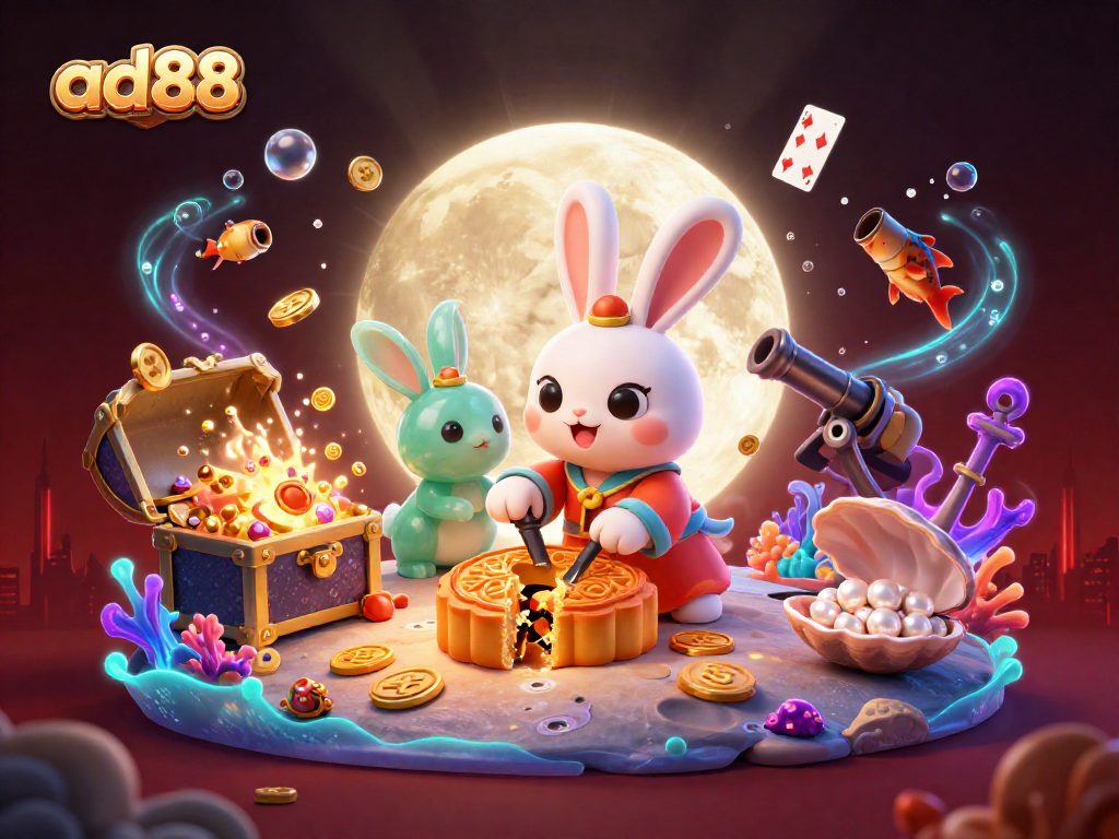 Experience playing poker with ad88 as the moon rabbit reveals treasures in a vibrant scene.