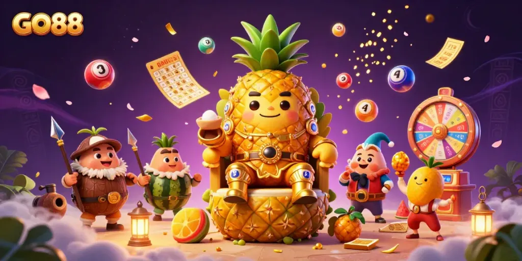 Experience the excitement of GO88 as the golden pineapple king reigns in a vibrant beach casino, surrounded by dynamic lottery elements.
