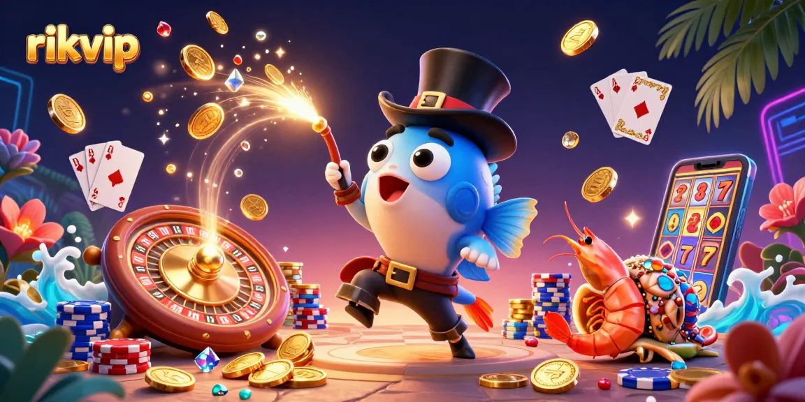 Engage with rikvip's vibrant casino scene featuring golden coins, roulette, and playing cards in a lively underwater world.