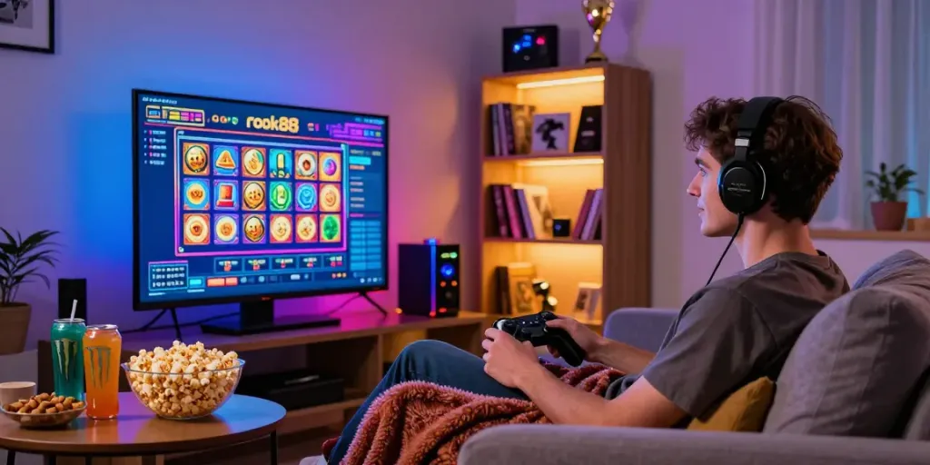 Engaging rokok88 slot gaming scene in a cozy living room with vibrant graphics on screen.