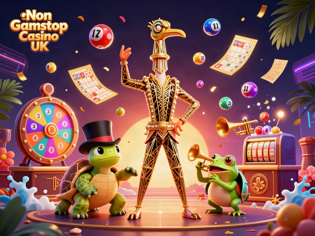 Experience vibrant gaming at a Non Gamstop Casino UK featuring a lively scene with characters and prizes.