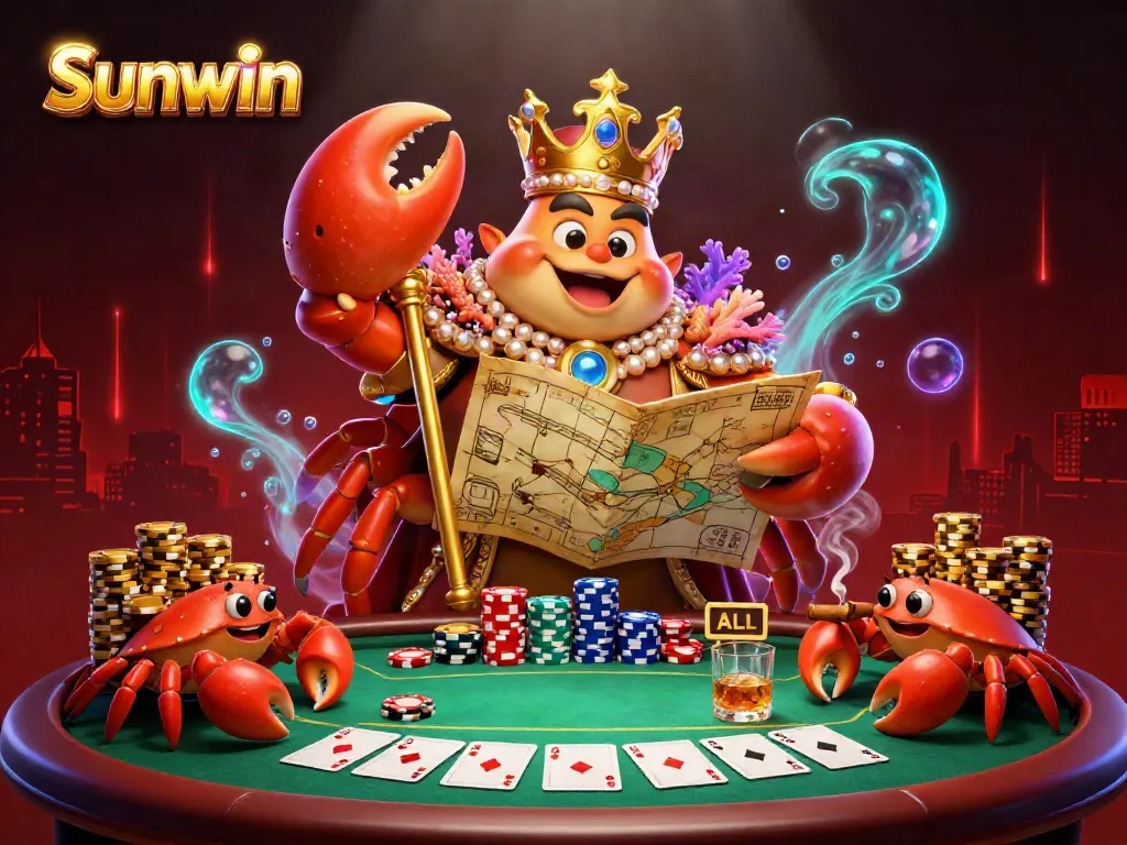 Engage in thrilling poker action with Sunwin's vibrant 3D casino illustration featuring a golden crab emperor.