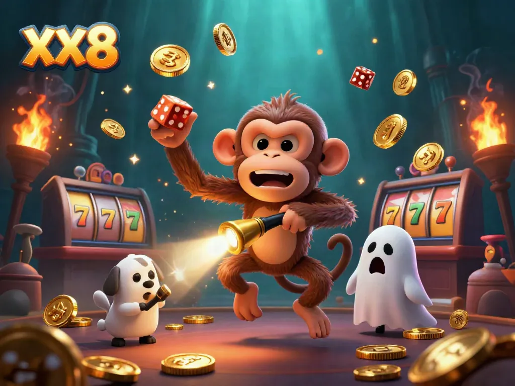 Engage with the vibrant, spooky energy of the XX 8 haunted casino featuring a poltergeist monkey and ghost-hunter puppy.