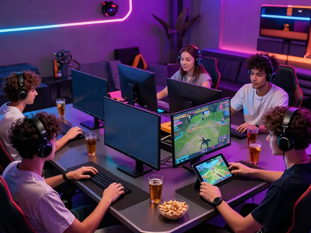 Engaged group of friends enjoying the DA88 online gaming experience in a vibrant lounge.