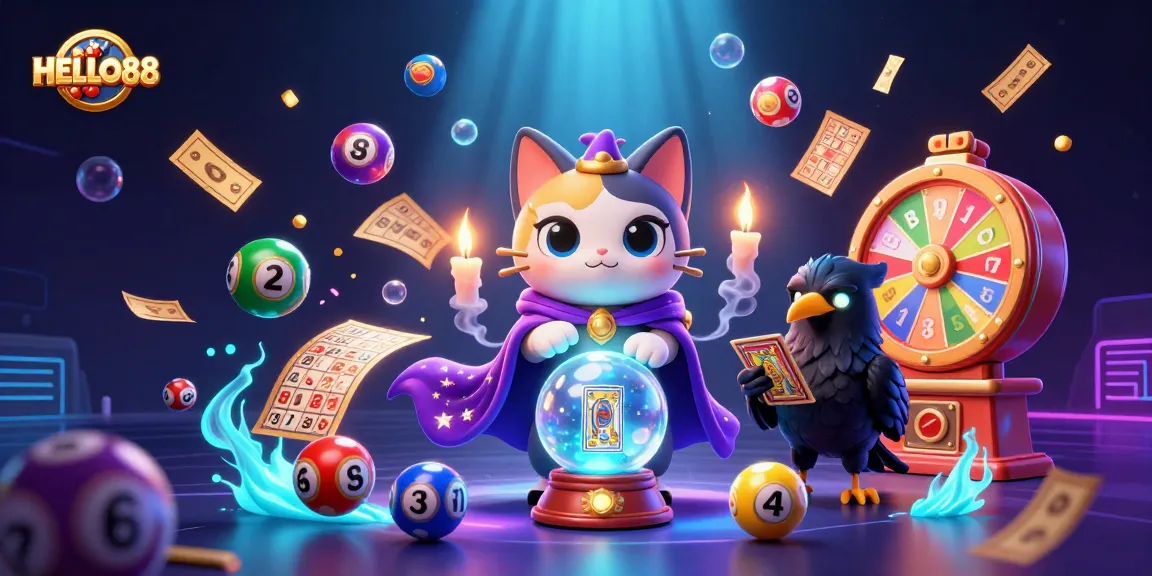 Experience thrilling games at HELLO88 with an energetic scene showcasing a mystical cat and dynamic lottery elements.