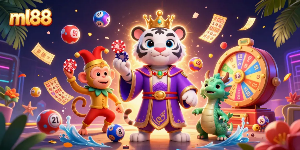 Win big at ml88 with an exciting 3D casino scene featuring colorful lottery elements and vibrant characters.