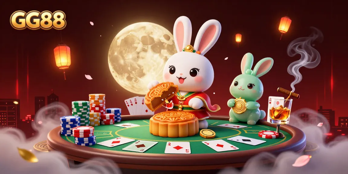 Experience immersive GG88 gaming action with a lunar scene featuring the moon rabbit and poker chips.