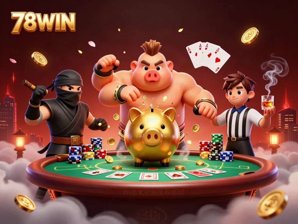 Join a thrilling 78WIN gaming experience with a golden sumo wrestler and ninja characters amidst vibrant casino elements.