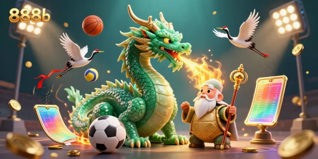 Engage with thrilling 888b gaming action featuring an emerald dragon, turtle sage, and vibrant sports elements.