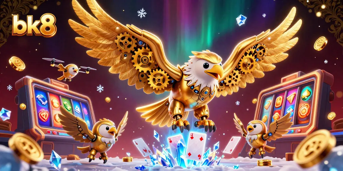 Engage with bk8's dynamic online casino atmosphere featuring a cybernetic golden eagle, gaming icons, and colorful elements.