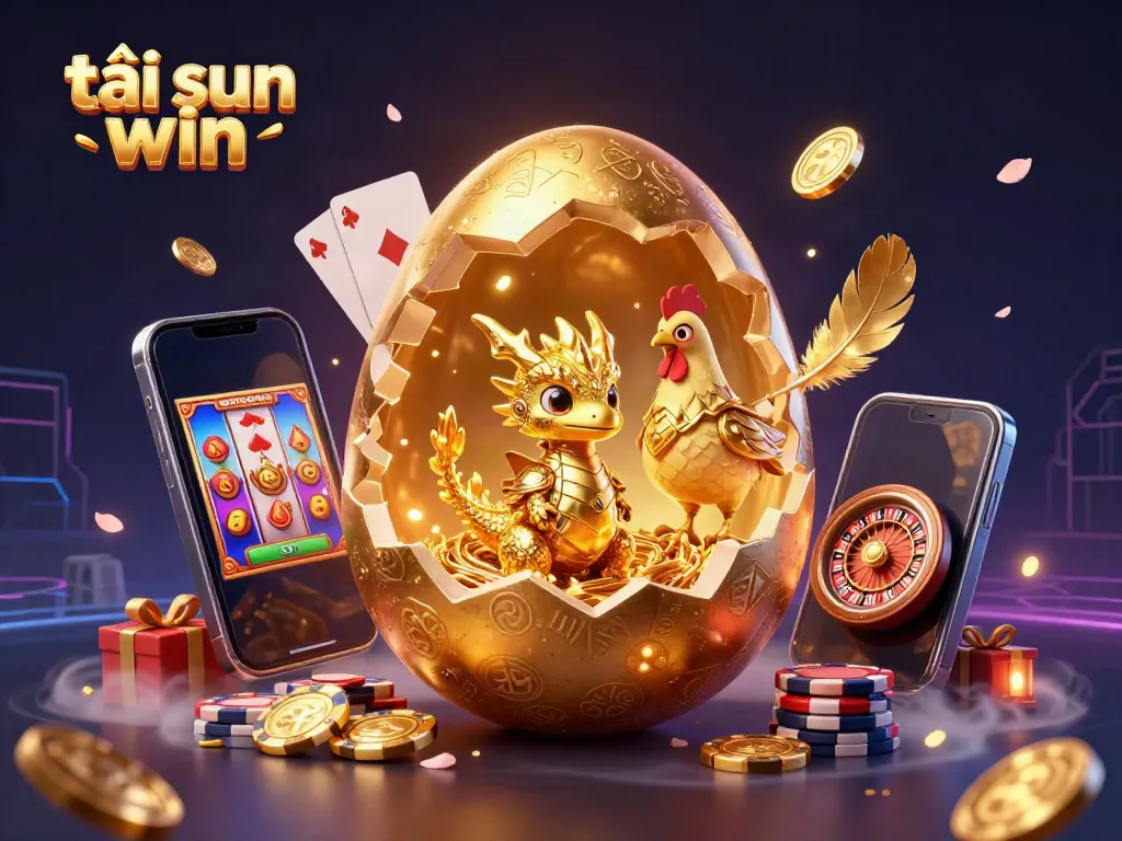 Play and win with tàis sun win at this vibrant 3D casino illustration featuring golden characters and game elements.