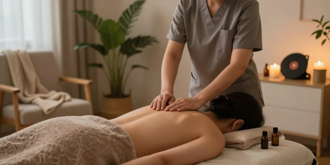 Relaxing 출장안마 session in a serene home atmosphere with soothing elements.