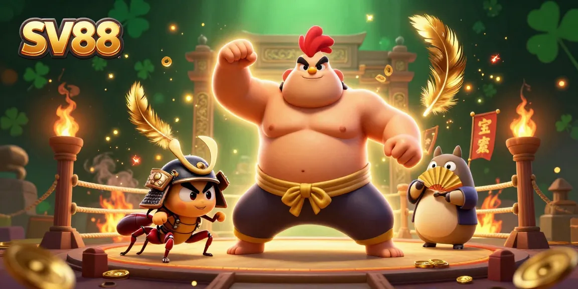 SV88 engages viewers with a dynamic casino-themed illustration featuring a sumo wrestler rooster.