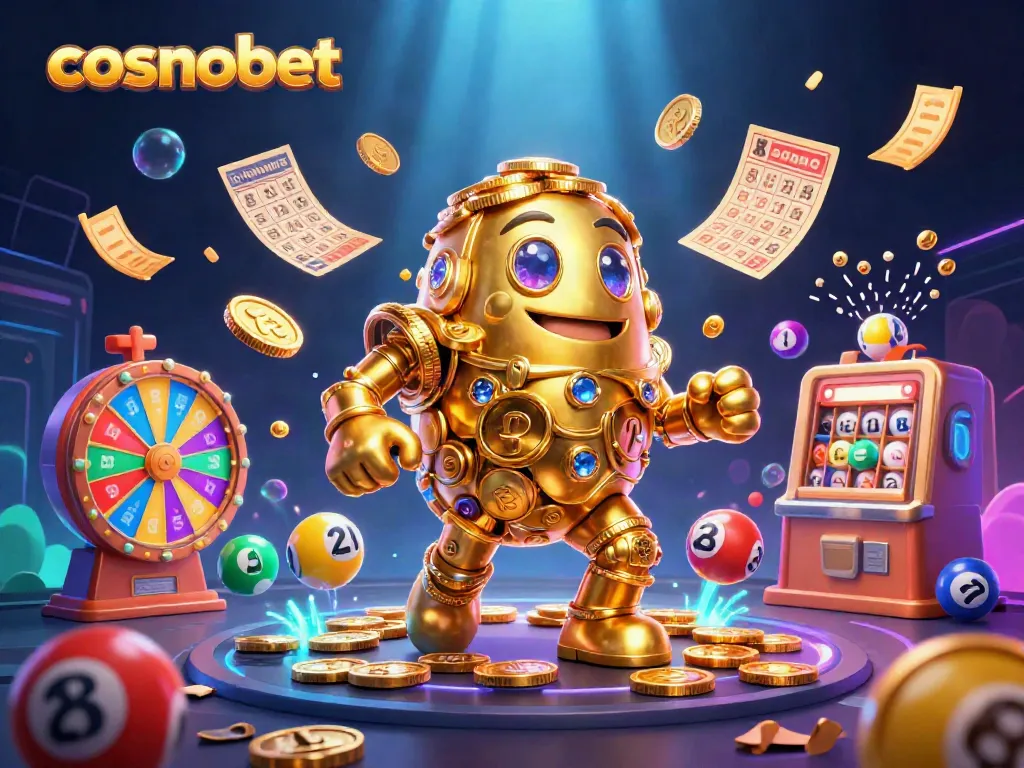 Experience fun at Cosmobet as colorful lottery balls and golden prizes fill the casino scene.