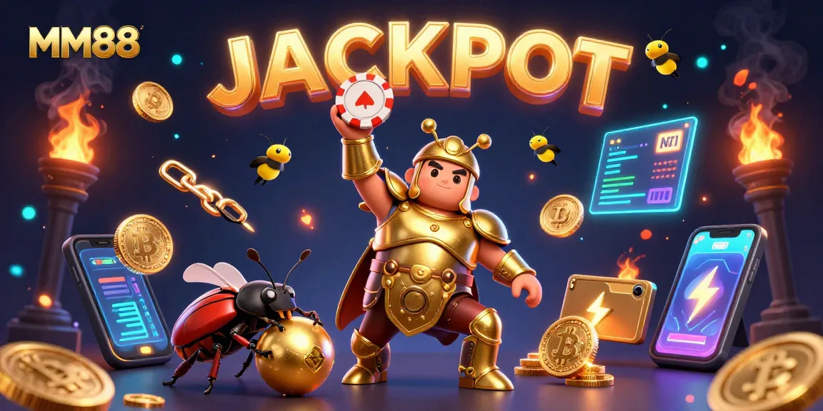 Engage with the exciting MM88 experience as the triumphant beetle lifts a poker chip, symbolizing victory in online gaming.
