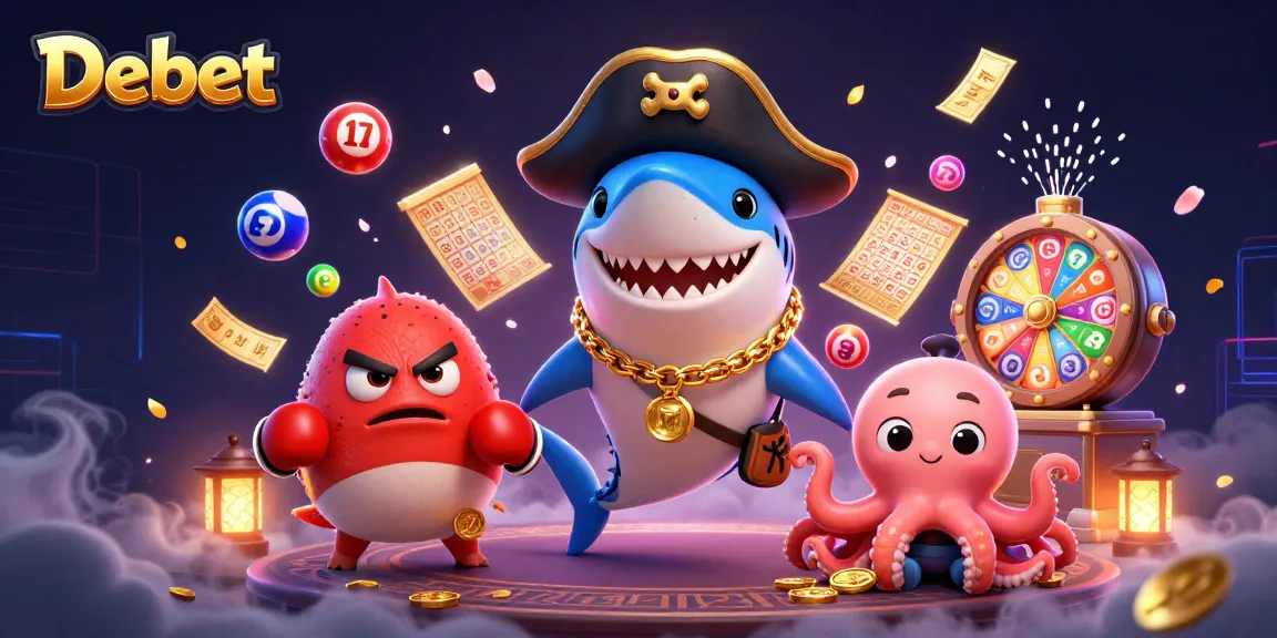 Engage with Debet through a vibrant illustration featuring gaming characters and lottery elements for fun!
