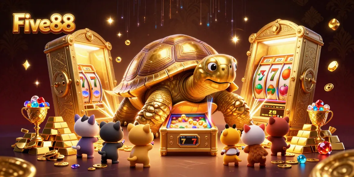 Five88 showcases engaging slot games with a lively golden tortoise and vibrant casino elements.
