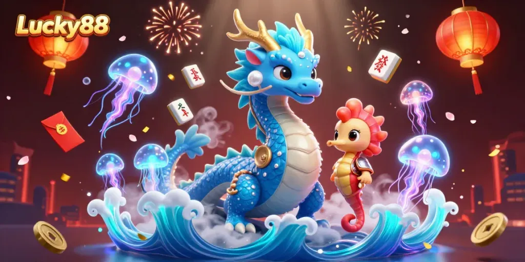 Experience thrilling gameplay with the vibrant Lucky88 water dragon and seahorse knight, evoking excitement in online gambling.