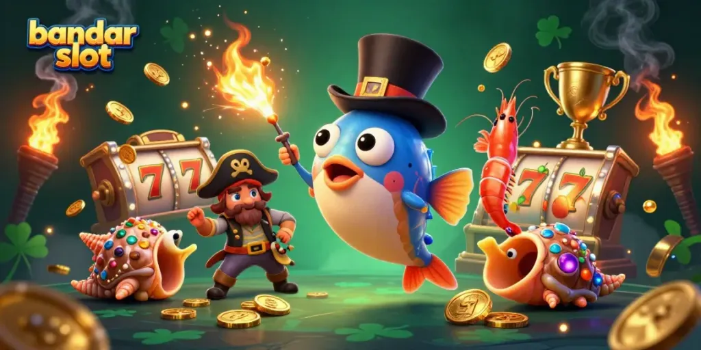 Engaging bandar slot scene with a top-hat anglerfish, pirate shrimp, and gem snail inviting coins.