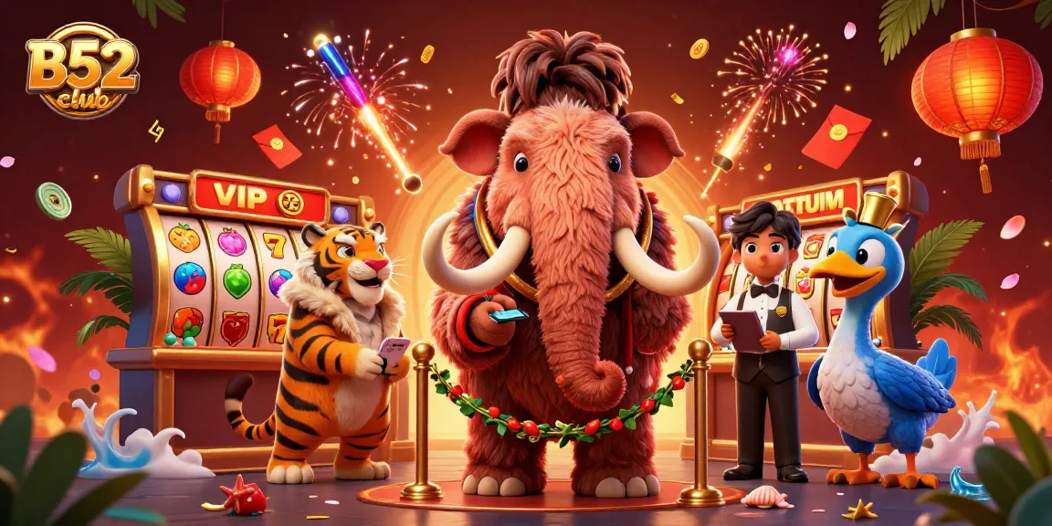 B52club invites players into a vibrant casino scene with a woolly mammoth bouncer, showcasing thrilling slot games.