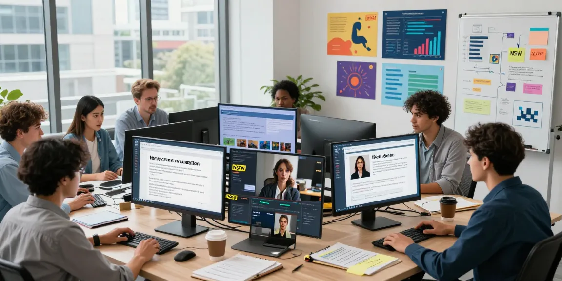 Professionals discussing NSFW moderation strategies in a modern office setting