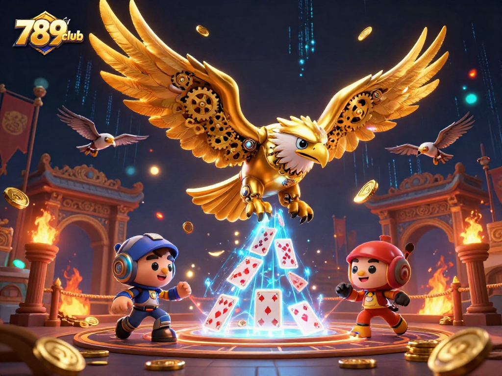 Experience thrilling gaming action at 789club with 3D characters diving through holographic cards.