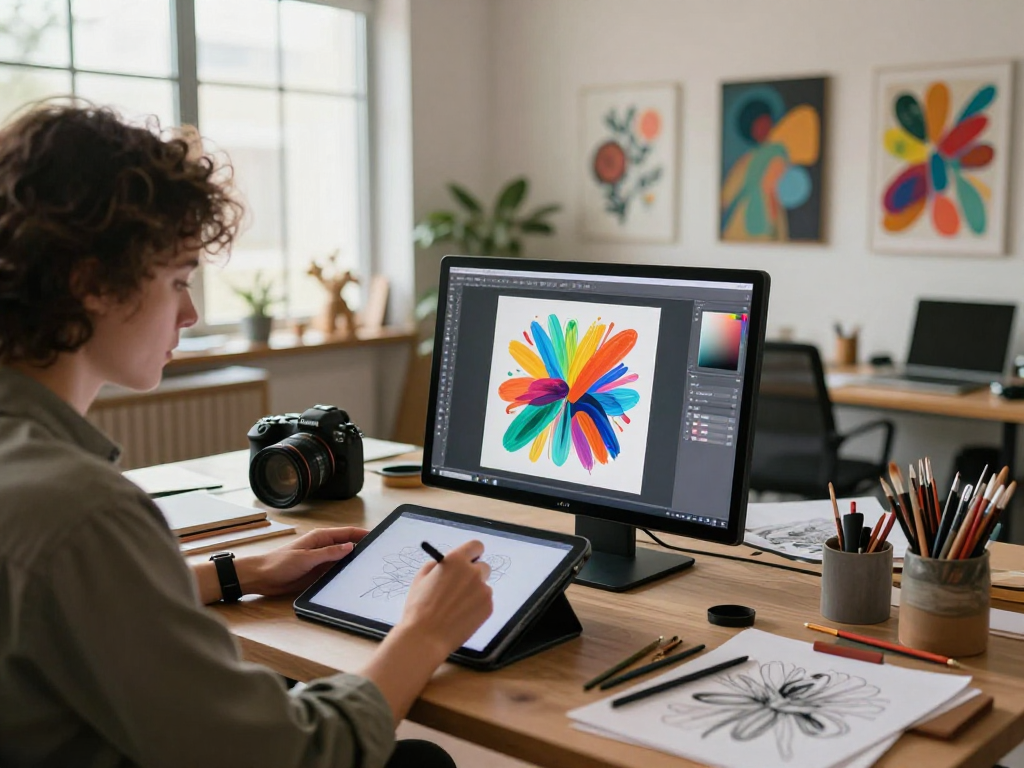 Creative artist designing NSFW AI art in a vibrant studio.