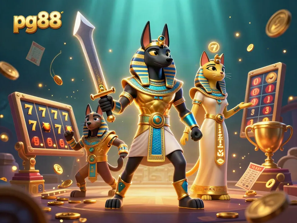 Engage with pg88 as ancient Egyptian warriors navigate thrilling slot games in a vibrant casino atmosphere.