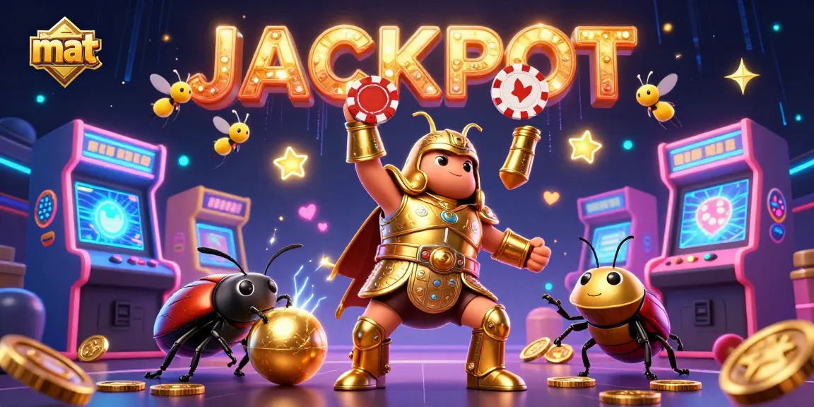 Engage with the thrilling mat adventure of 3D casino fun featuring a gladiator beetle exuberantly lifting a poker chip amidst vibrant gaming elements.