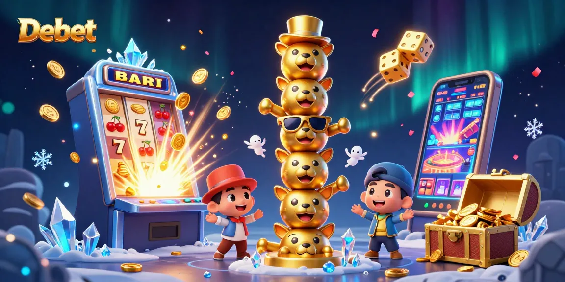 Debet engages players with a 3D digital casino adventure featuring animated totem faces and jackpot excitement.