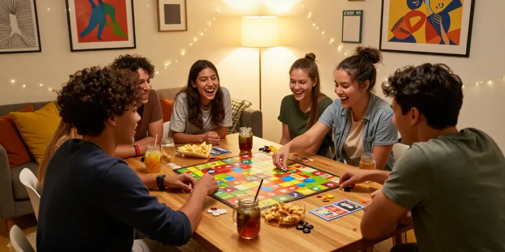 Friends enjoying game night, try these guys out with laughter, snacks, and board games.