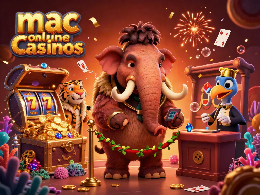 Experience mac online casinos with a vibrant scene featuring a woolly mammoth bouncer, saber-tooth tiger VIP, and dodo doorman.