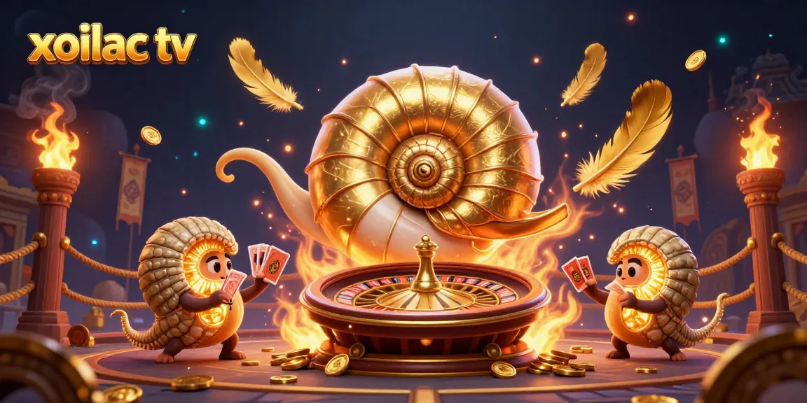 Xoilac TV showcases a dynamic gambling scene featuring a giant nautilus roulette wheel and glowing ammonites, perfect for sports betting.