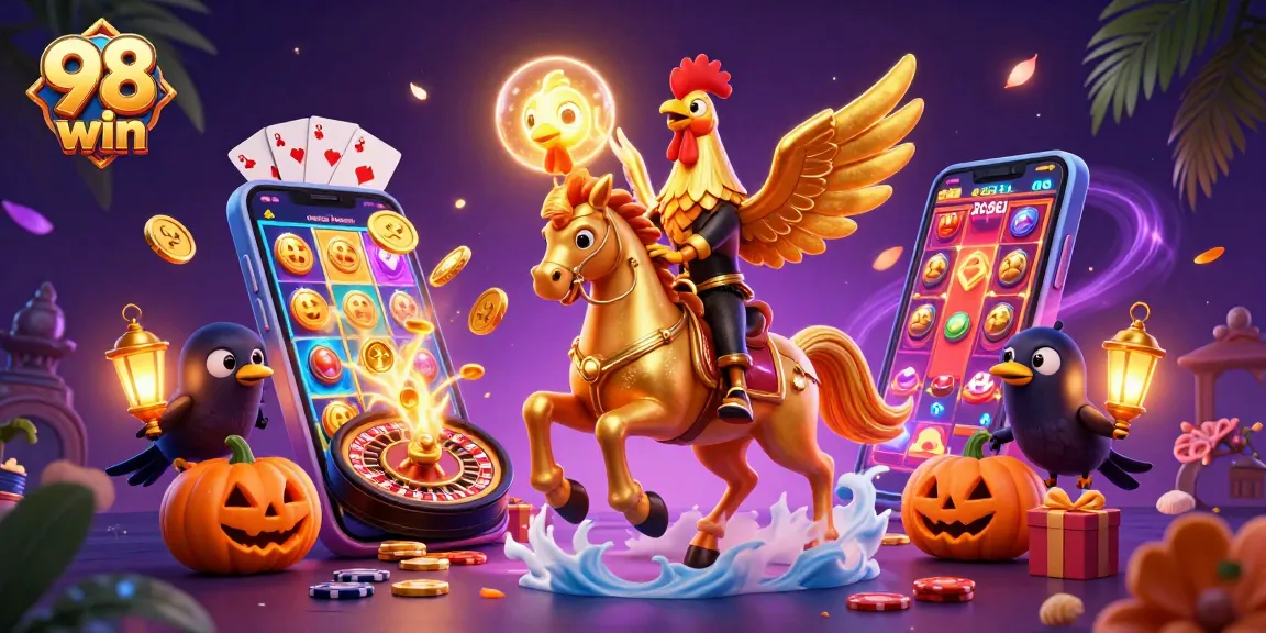 Win big at 98 win with this vibrant 3D casino scene featuring jackpot slots and dynamic game elements.