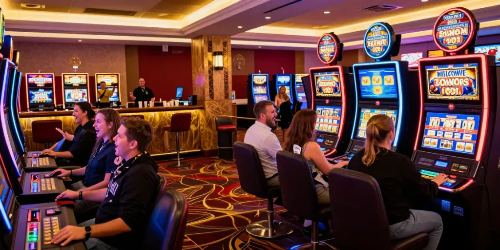Exciting gaming room at a casino not on GamStop, vibrant neon lights, players celebrating wins