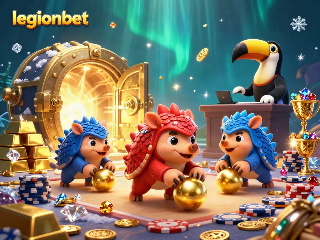 Join the fun at legionbet as pangolins roll through golden balls and poker chips in a casino battle.