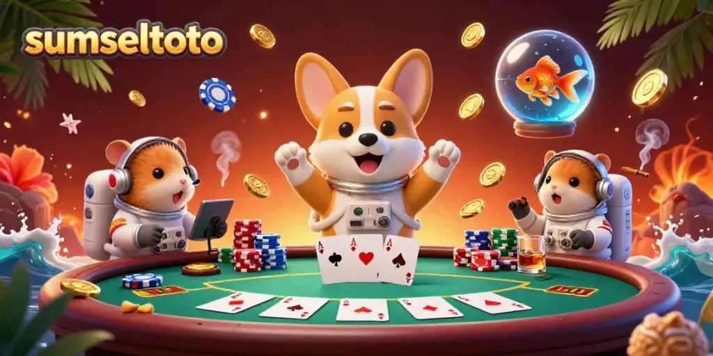 Experience the thrills of sumseltoto with a lively casino scene showcasing a corgi, hamster, and goldfish amid floating poker chips.