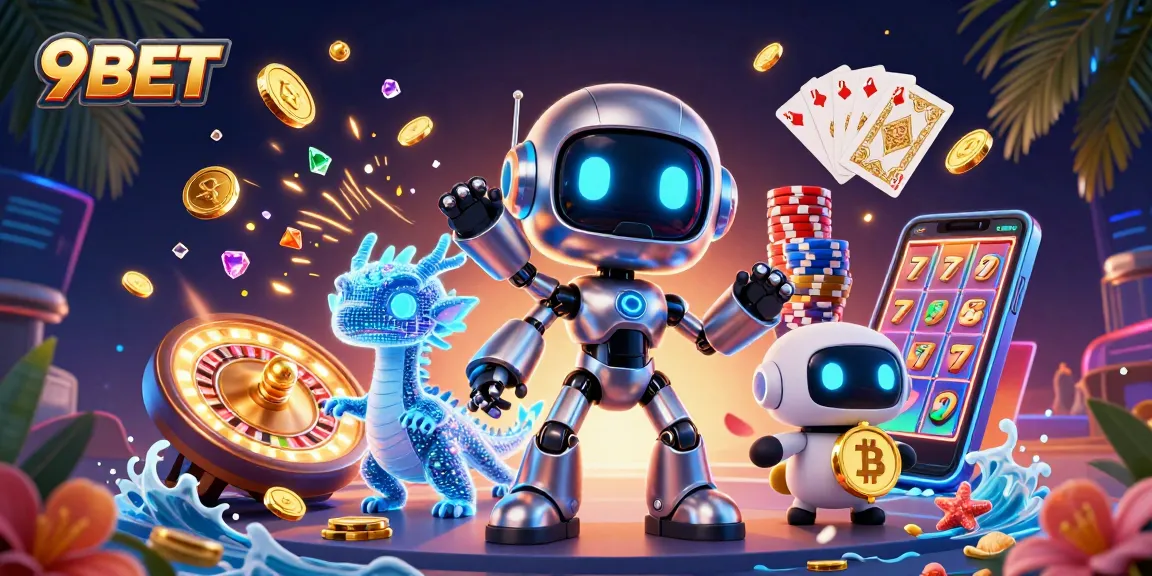 Experience the electrifying gaming world of 9BET with vibrant characters and dazzling casino elements.