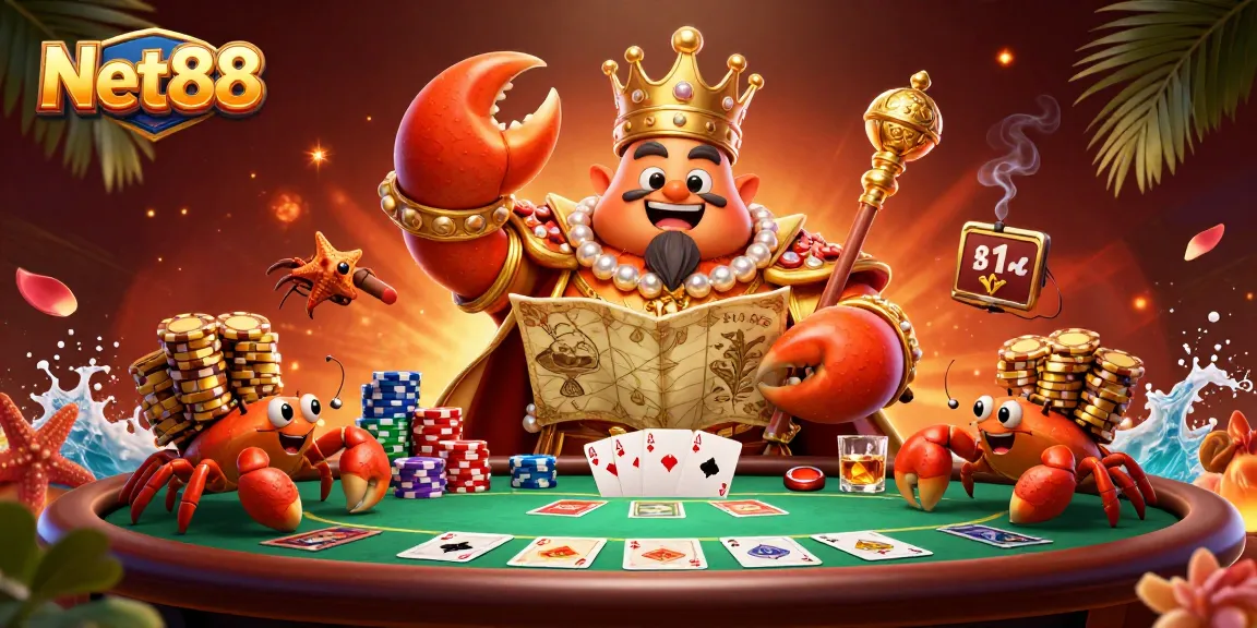 Engage in thrilling gameplay at Net88 with a vibrant casino scene featuring a golden crab and poker elements.