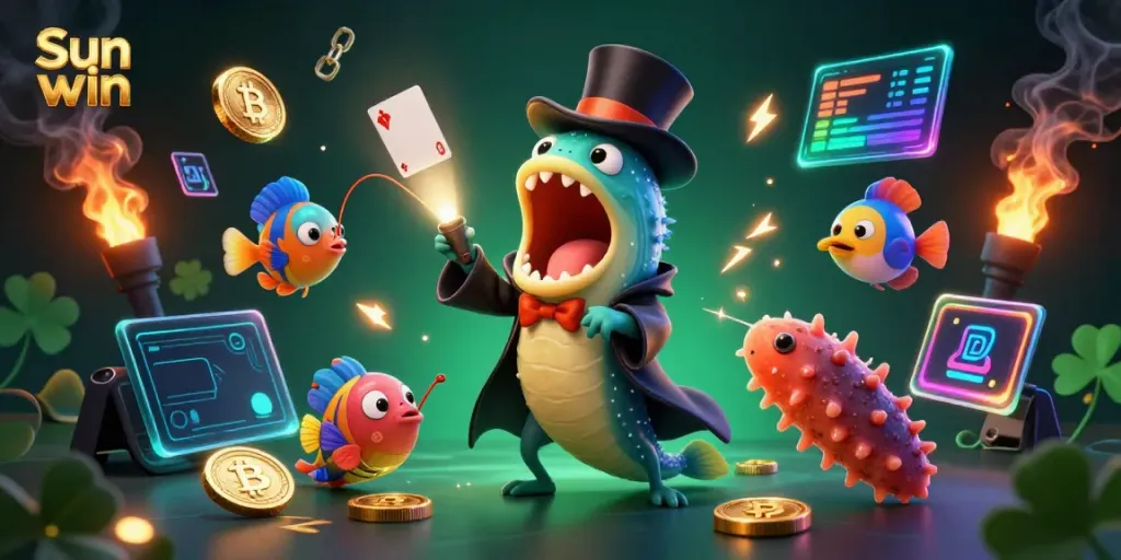 Experience the excitement of Sun win with a vibrant 3D illustration featuring unique sea creatures in a magical casino setting.