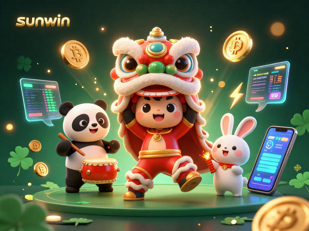Win big with sunwin in a vibrant casino scene showcasing a lion dance and crypto elements.