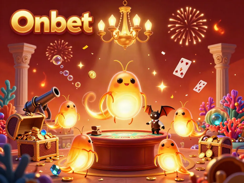 Experience the excitement of Onbet in a glowing casino scene with animated glowworms and vibrant treasures.