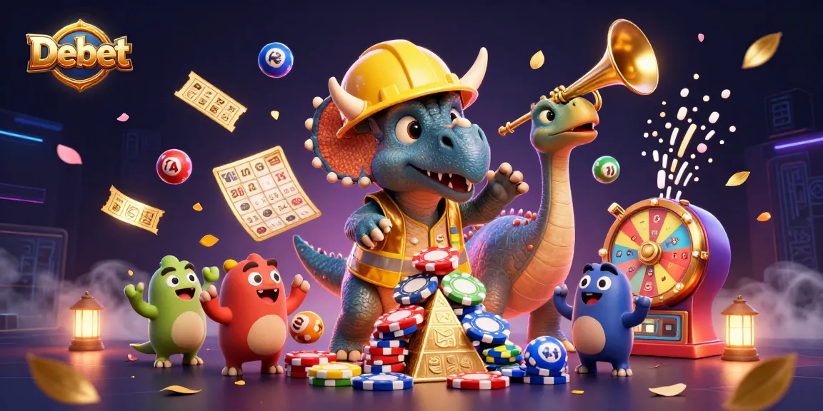 Engage with Debet through a vibrant 3D scene of casino excitement featuring dynamic lottery balls and cheerful characters.