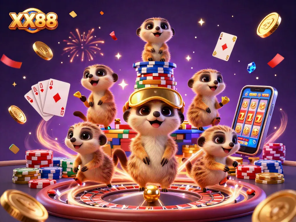 Experience the excitement at XX88 casino with meerkats managing games, surrounded by vibrant lights and gold coins.