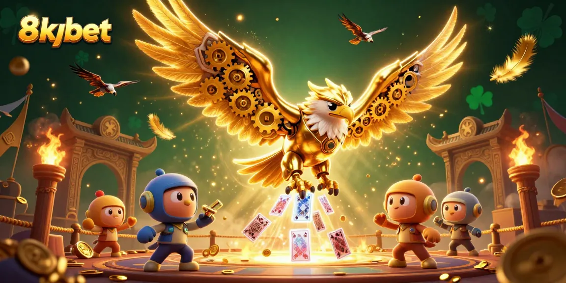 Experience thrilling gameplay with 8xbet, featuring a golden eagle amidst holographic cards and betting tokens.