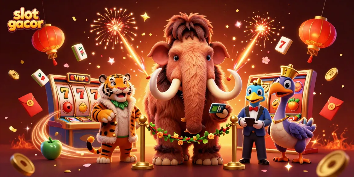 Experience the thrill of slot gacor with vibrant characters and dynamic game elements in a festive casino scene.
