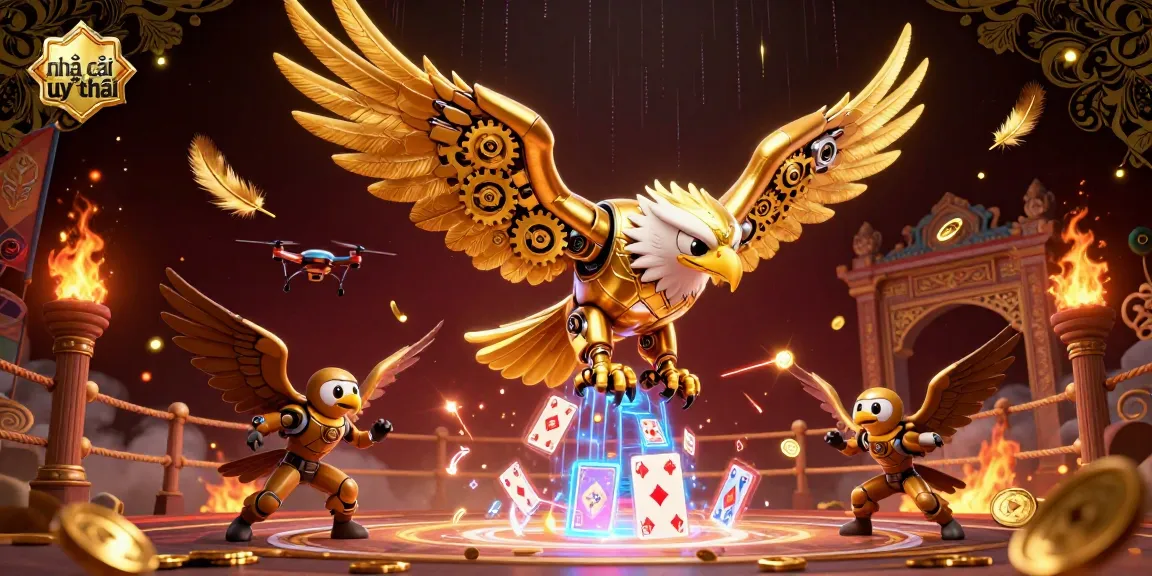 Experience thrilling action at nhà cái uy tín, featuring a golden eagle soaring through holographic cards in an exciting gambling atmosphere.