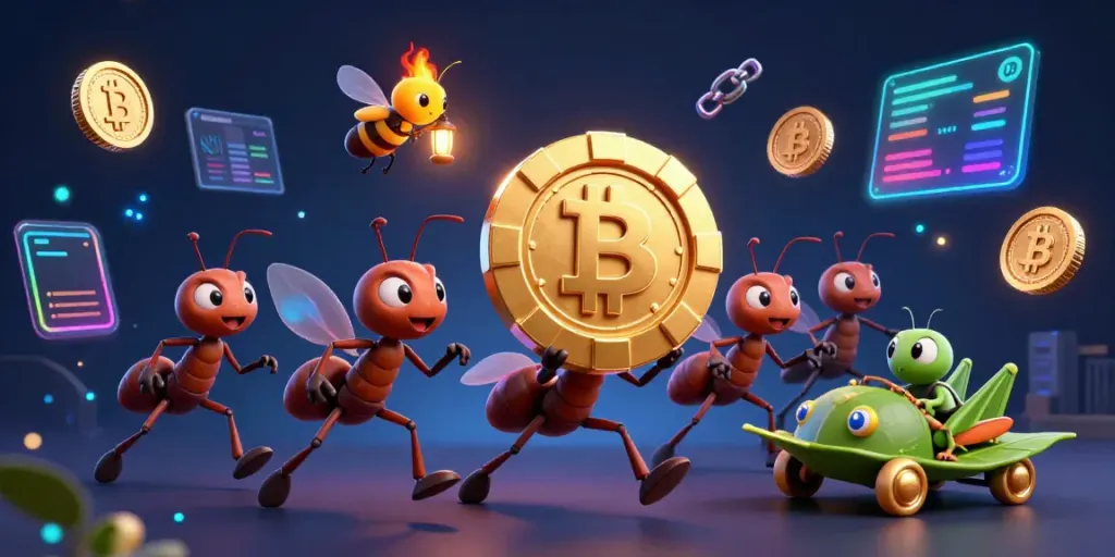 Experience rakhoitv's excitement with cartoon ants heisting a massive poker chip in a vibrant 3D scene.