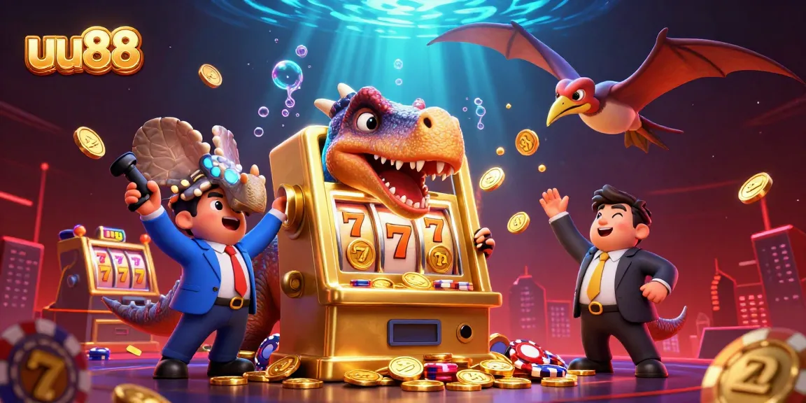 uu88 slots-themed illustration with vibrant characters and a jackpot scene.