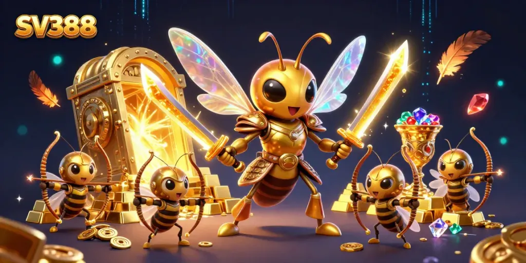 SV388 cockfighting scene with samurai hornet, treasures, and dynamic gold elements.